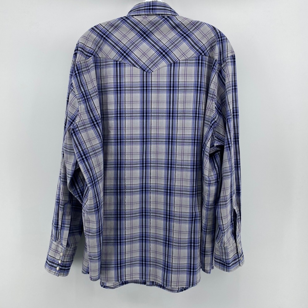 Wrangler Men Western Fashion Snap Shirt Blue Purple Plaid Pearl Snap Long Sleeve - Picture 5 of 8